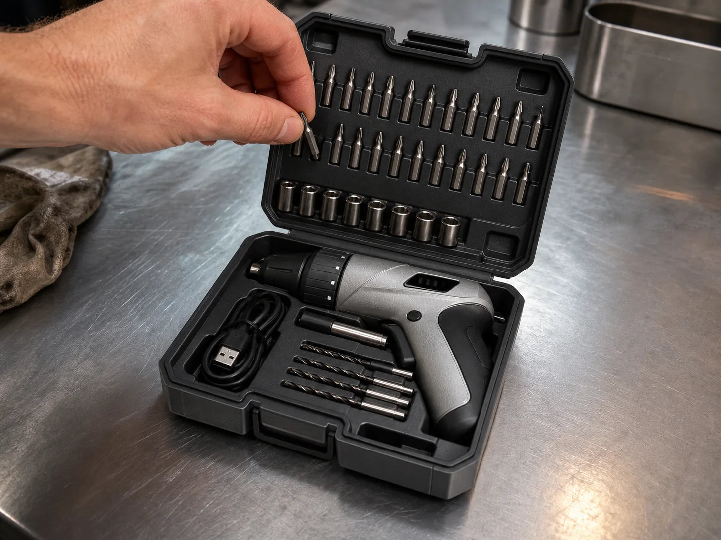 Hand entnimmt einen Bit aus dem geöffneten 40-in-1 Zubehörkoffer